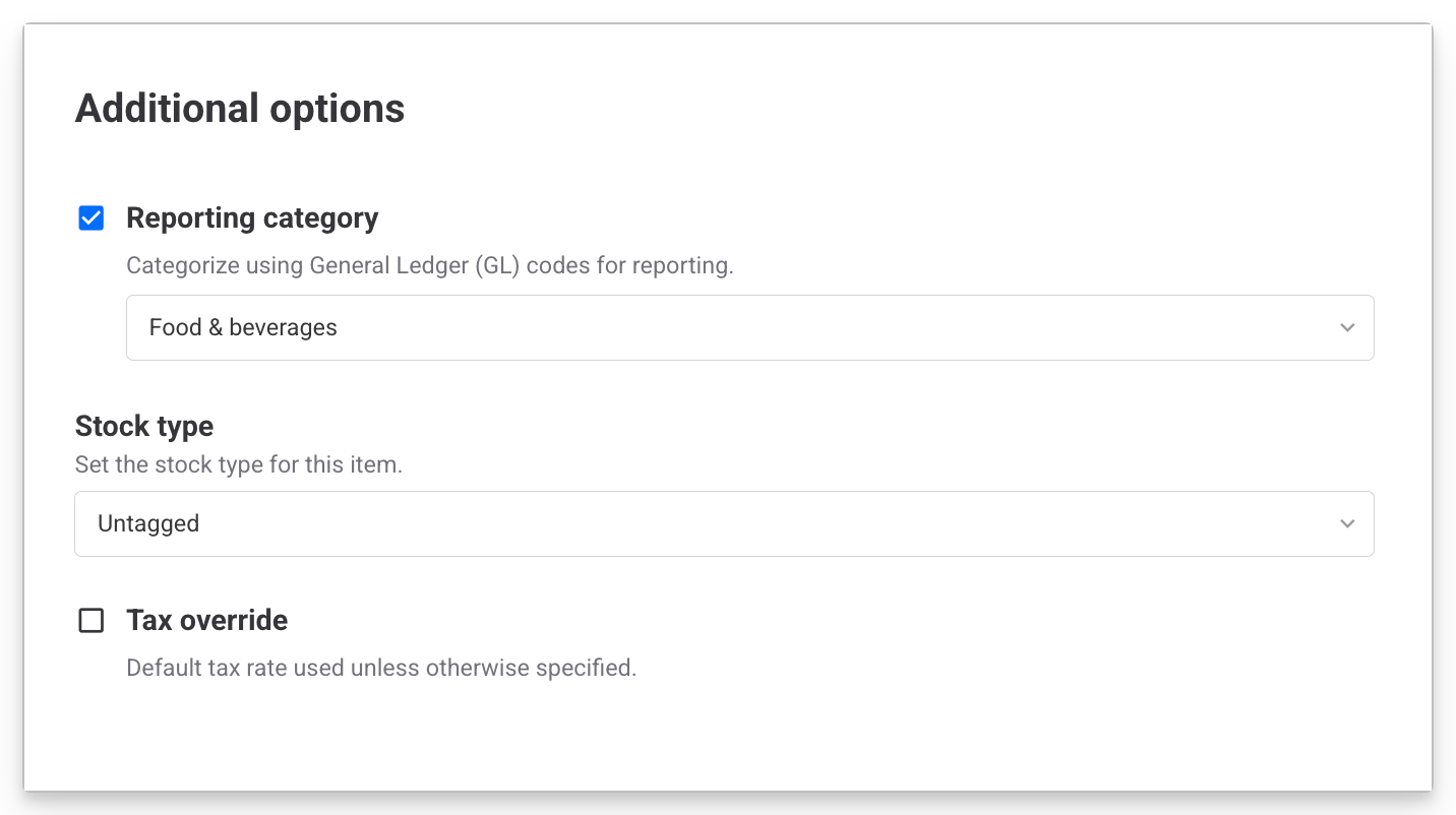 Options for reporting category, stock type, and tax override settings in a form.
